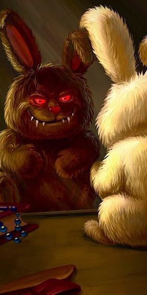 Creepy Evil Bunny Reflection in Dark Candlelight