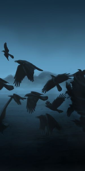 Enchanting 4K Phone Wallpaper: A Woman Surrounded by Crows in Dark Blue