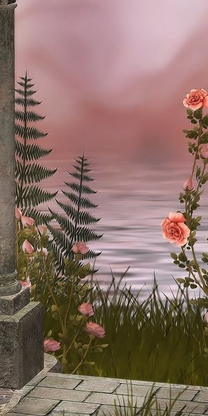 Enchanting Floral Wallpaper Featuring Roses and Serene Landscape