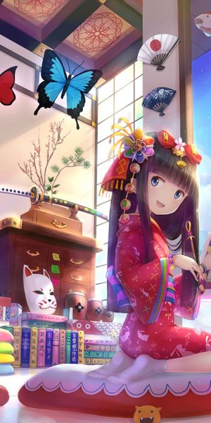 Charming Japanese Girl in a Red Dress Surrounded by Butterflies