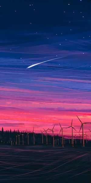 High-Quality Wind Power Plant Against a Starry Night Sky