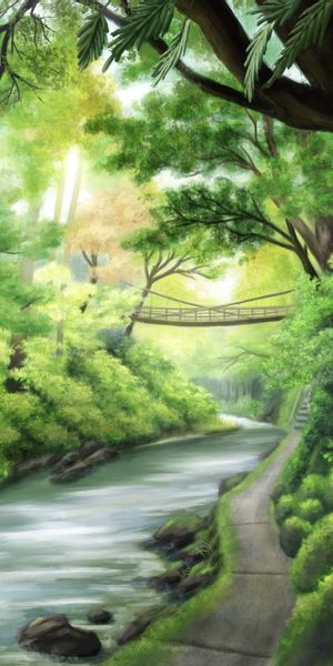 Tranquil riverside wallpaper featuring a bridge, trees, and a winding path