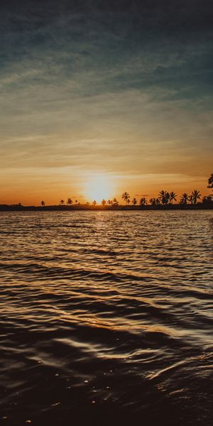 Phone wallpaper: Sunset, Ripples, Ripple, Bank, Shore, Horizon, Nature, Night free download