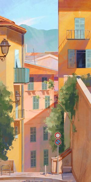 Charming Balcony View with Colorful Buildings and Lanterns