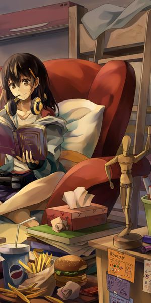 Charming mobile wallpaper with a girl in a cozy, artistic room