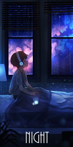 Charming Boy with Headphones Enjoying the Starry Night