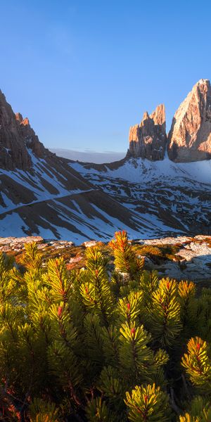 Phone wallpaper: Tre Cime Di Lavaredo, Dolomites, Italy, Snow, Mountains, Cliff, Mountain, Earth, La
