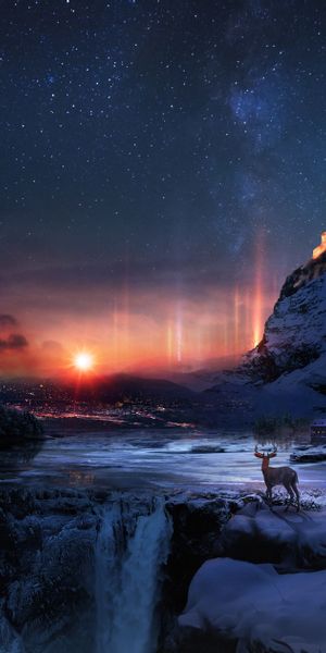 Breathtaking Winter Night Scene Featuring a Deer