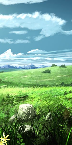 Breathtaking 4K Phone Wallpaper: Anime Landscape with Flowers and Mountains