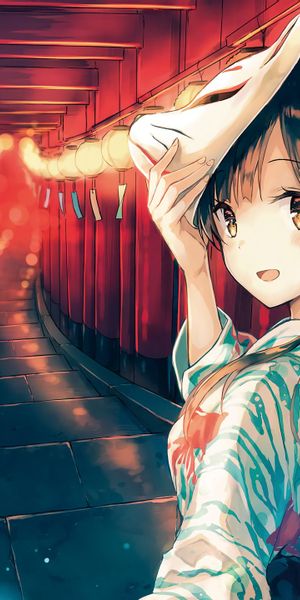 Anime Girl with Mask in a Beautiful Lantern Path