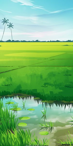 Lush Green Landscape with Palms and Reflections in Water