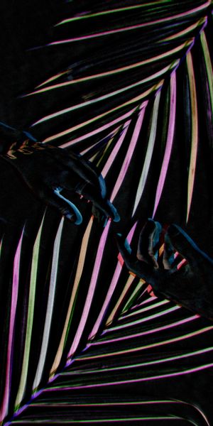 Intriguing phone wallpaper featuring dark leaves and hands in a striking design