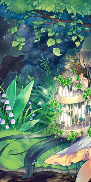 Anime Girl with Birdcage in a Magical Spring Night