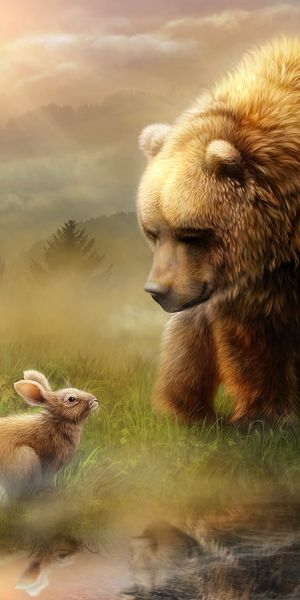 Phone wallpaper: Bear, Meeting, Hare, Art, Friendship free download