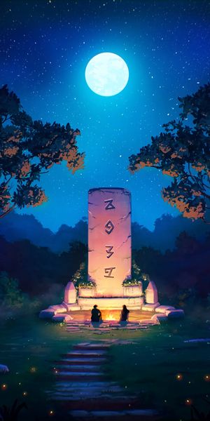Serene Moonlit Night with Ancient Inscription