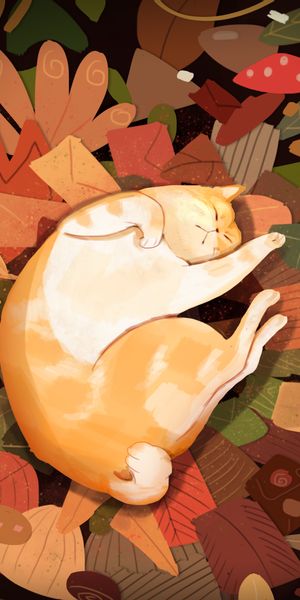 Phone wallpaper: Cat, Lazy, Leaves, Art, Funny free download