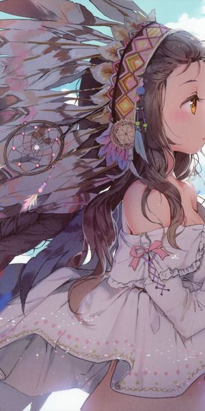 Dreamy Anime Girl in Headdress Surrounded by Parrots
