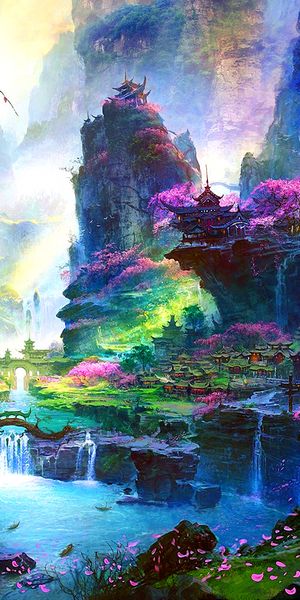 Enchanting Landscape with Cherry Blossoms and Serene Waterfalls