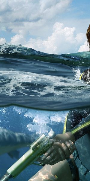 Lara Croft: Tomb Raider in Water with Sharks Wallpaper