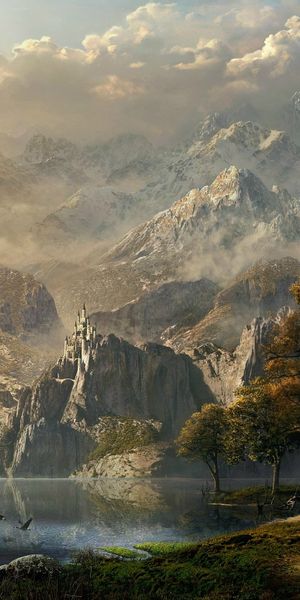 Fantasy Scene with Horse Near a Serene Lake and Mountains