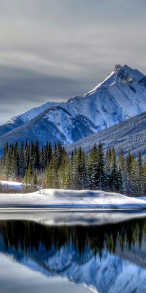 Phone wallpaper: Winter, Mountains, Mountain, Lake, Forest, Earth, Cloud free download