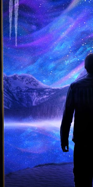 Phone wallpaper: Landscape, Winter, Fantasy, Stars, Mountain, Aurora Borealis, Artistic free downloa