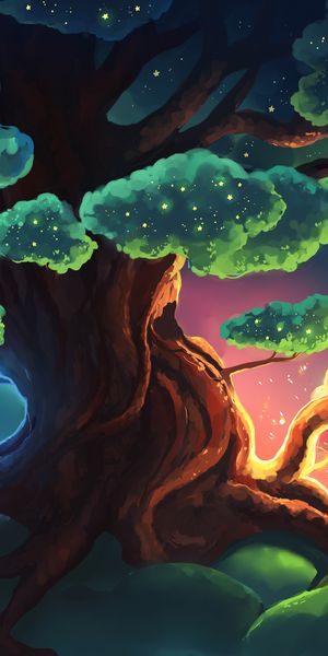Night Tree with Stars and Glowing Effects