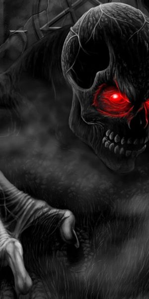 Creepy Dark Skull with Glowing Red Eyes Wallpaper