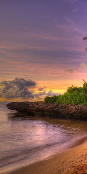 Phone wallpaper: Friable, Shore, Bank, Loose, Clouds, Horizon, Nature, Sky, Sand, Sunset, Palms, Tro