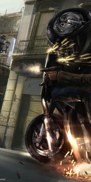Exciting HD iPhone wallpaper of a motorcycle chase scene from Wheelman