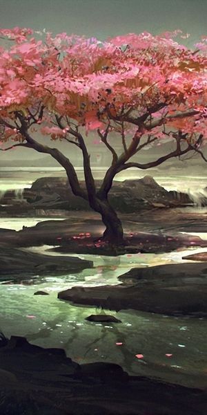 Serene Oriental Landscape: Artistic Lake and Blossoming Tree - HD Phone Wallpaper
