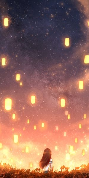 Anime Girl Surrounded by Floating Lanterns in a Starry Night
