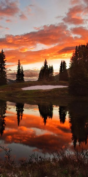 Phone wallpaper: Sunset, Mountain, Lake, Reflection, Tree, Earth, Cloud, Scenic free download