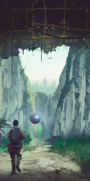 Explore a Sci-Fi Landscape with Astronaut and Robot - Phone Wallpaper