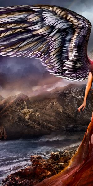 Enchanting High-Quality Phone Wallpaper Featuring a Red-Haired Angel in a Fantasy Landscape