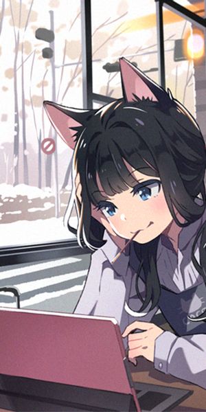 Cozy Cat Girl in a Café – Perfect Anime Wallpaper