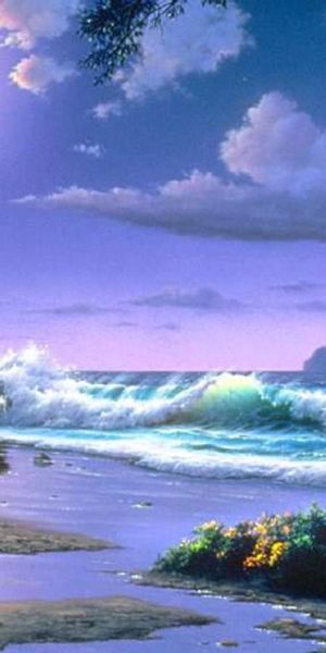 Enchanting beach landscape wallpaper featuring ocean waves and vivid flora