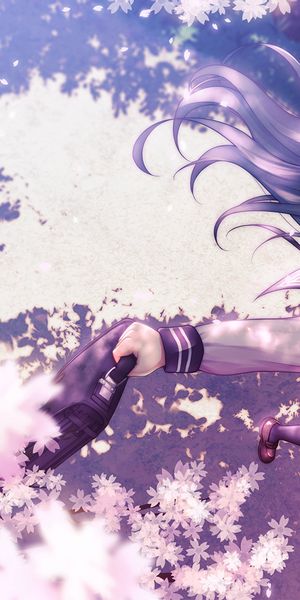 Phone wallpaper: Anime, Flower, Blur, Smile, Bag, Petal, Blue Eyes, Cherry Blossom, Original, Blush,