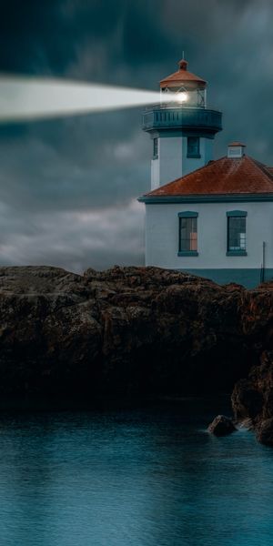 Phone wallpaper: Coast, Rocks, Glow, Lighthouse, Nature, Night free download