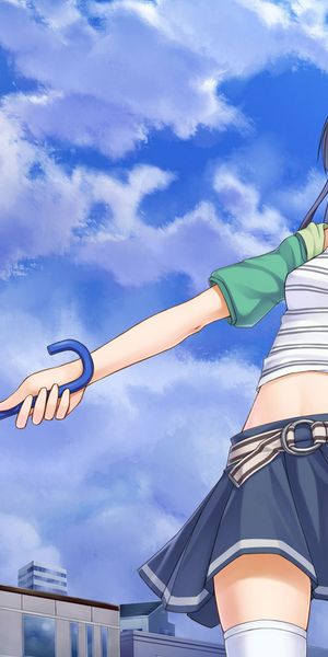 Cheerful Anime Girl with Blue Eyes and Umbrella in a Cloudy Sky