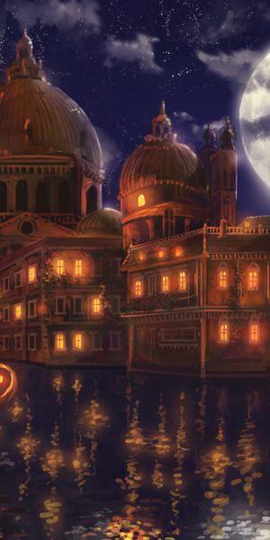 Phone wallpaper: Anime, Night, Moon, River, Town, Gondola, Original free download