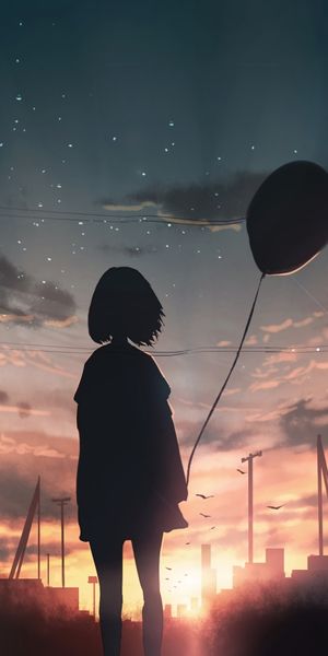 Silhouette of a Girl with a Balloon Against a Starry Sunset Sky