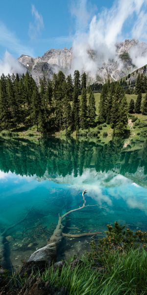 Phone wallpaper: Trees, Reflection, Nature, Bank, Shore, Mountains, Lake free download