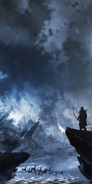 Phone wallpaper: Landscape, Fantasy, Night, Moon, Mountain, Warrior, Archer free download