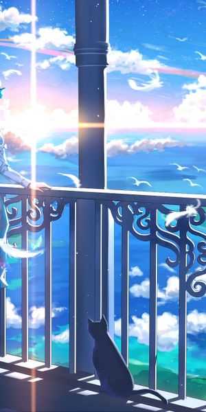Anime Phone Wallpaper Featuring a Girl, Cat, and Floating Island at Sunset