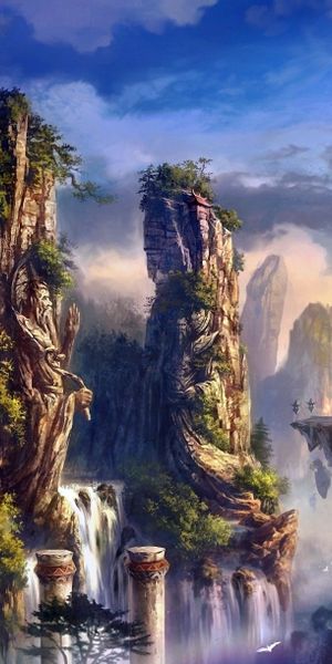 Enchanting Fantasy Landscape Phone Wallpaper Featuring Floating Islands and Waterfalls