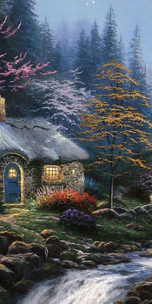Serene 4K Mobile Wallpaper: Nighttime Landscape with Cozy Cottage and Nature