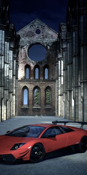 Red Sports Car in Gothic Architecture - Stunning Wallpaper