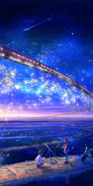 Enchanting anime night landscape featuring a train, stars, and a serene view