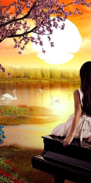 Romantic Sunset Pond with Lovers and Beautiful Flowers